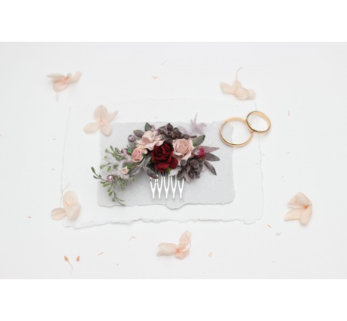 Blush Pink & Burgundy Wedding Accessories – Hair Combs with Crystals and Berries