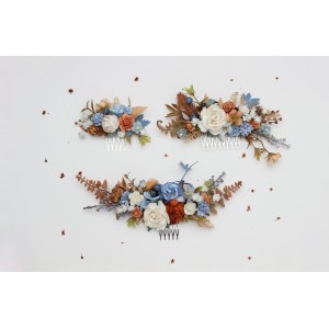 Flower combs in terracotta, dusty blue, and white color scheme. Wedding accessories for hair. Bridal flower comb. Bridesmaid floral comb. 5355