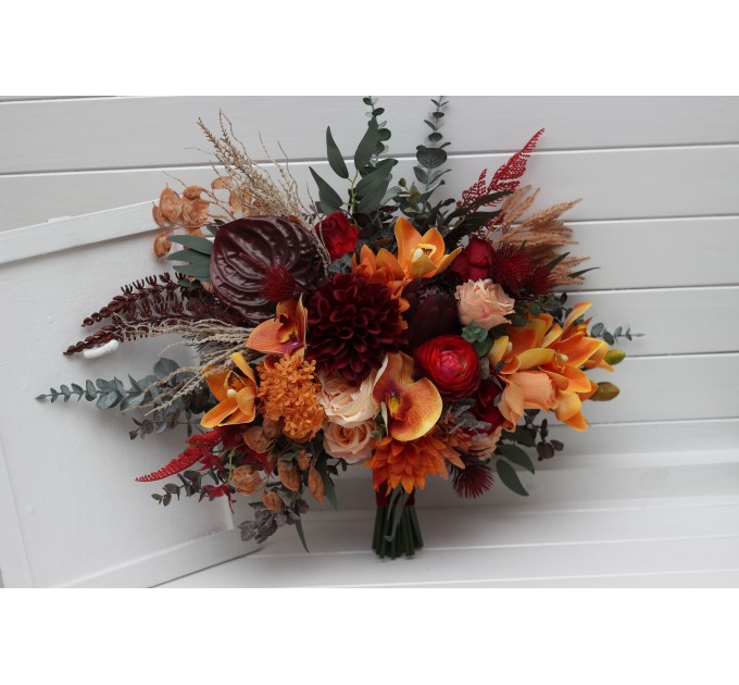 Wedding Bouquets in Burnt Orange, Red & Burgundy | Cascading Bridal & Bridesmaid Faux Bouquets