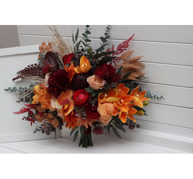 Wedding Bouquets in Burnt Orange, Red & Burgundy | Cascading Bridal & Bridesmaid Faux Bouquets