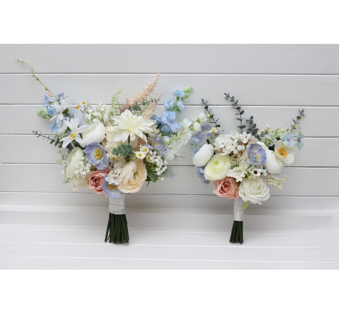 Blue, White & Beige Wedding Bouquet | Faux Wildflower Bridal & Bridesmaid Bouquet