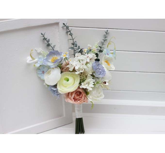 Blue, White & Beige Wedding Bouquet | Faux Wildflower Bridal & Bridesmaid Bouquet