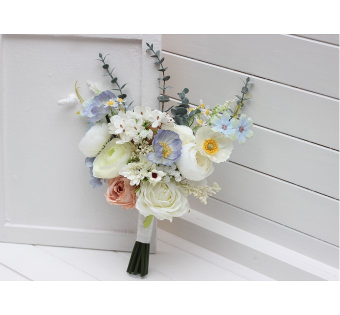 Blue, White & Beige Wedding Bouquet | Faux Wildflower Bridal & Bridesmaid Bouquet