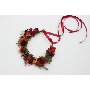 Woodland flower crown in red, blue, and orange. Hair wreath for photoshoots and events. Flower girl crown. Fall wedding flowers. 5372