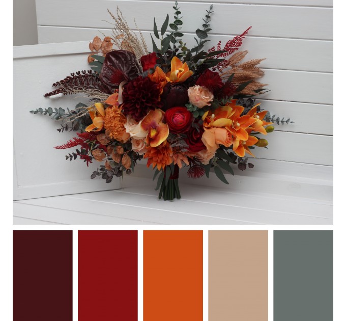 Wedding Bouquets in Burnt Orange, Red & Burgundy | Cascading Bridal & Bridesmaid Faux Bouquets