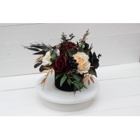 Burgundy black gold ivory centerpiece. Table decor. Wedding flowers in box. 0032