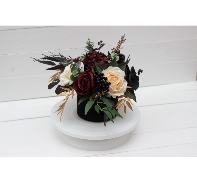 Burgundy black gold ivory centerpiece. Table decor. Wedding flowers in box. 0032