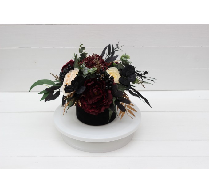 Burgundy black gold ivory centerpiece. Table decor. Wedding flowers in box. 0032