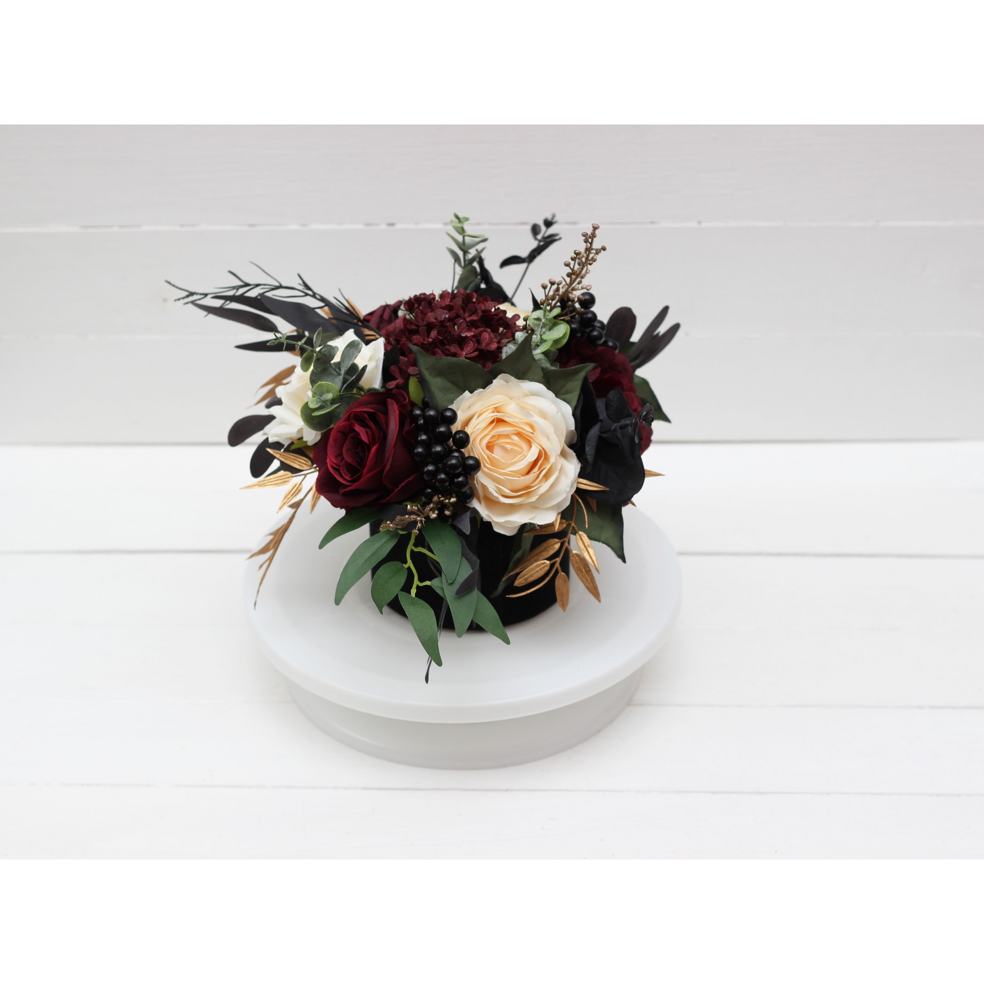 Wedding Table Centerpiece – Faux Floral Box in Burgundy, Black \u0026 Gold |  Kochetova Flowers, image size:2000x2000