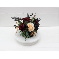 Burgundy black gold ivory centerpiece. Table decor. Wedding flowers in box. 0032