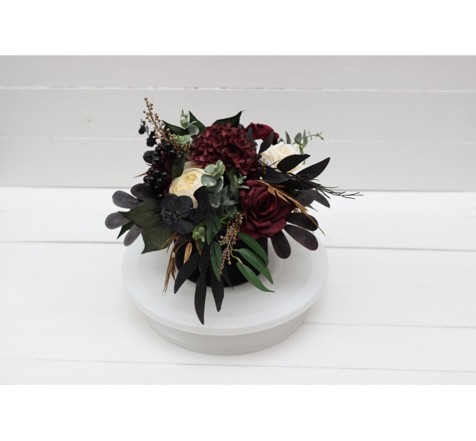 Burgundy black gold ivory centerpiece. Table decor. Wedding flowers in box. 0032