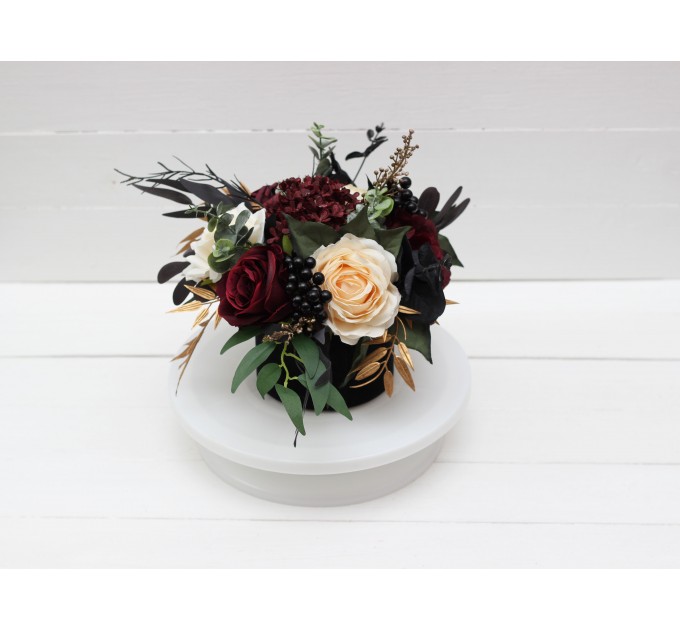 Burgundy black gold ivory centerpiece. Table decor. Wedding flowers in box. 0032