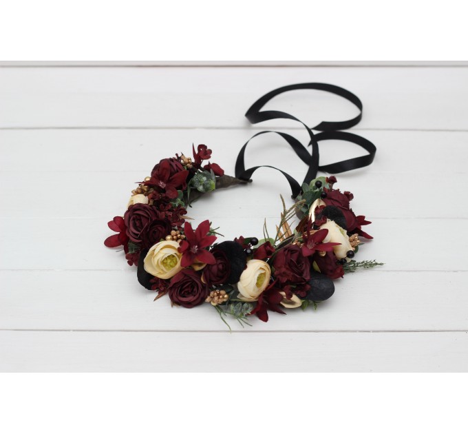 Burgundy black gold ivory flower crown. Hair wreath. Flower girl crown. Wedding flowers. 0032