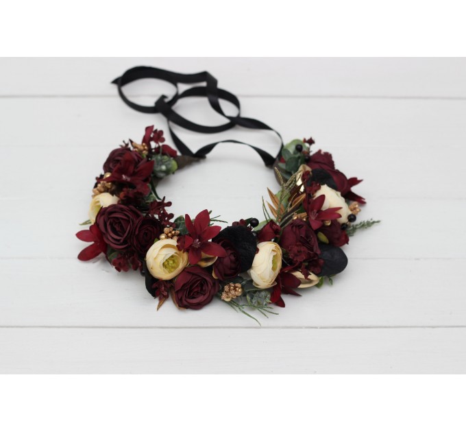 Burgundy black gold ivory flower crown. Hair wreath. Flower girl crown. Wedding flowers. 0032