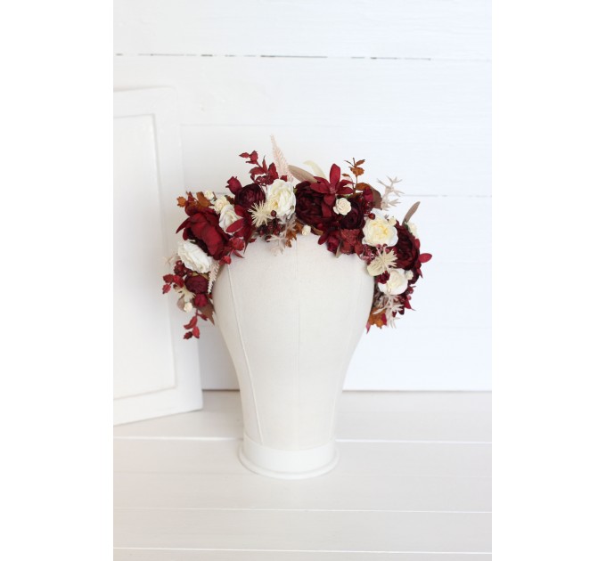 Burgundy brown cream flower crown. Hair wreath. Flower girl crown. Wedding flowers. 0041