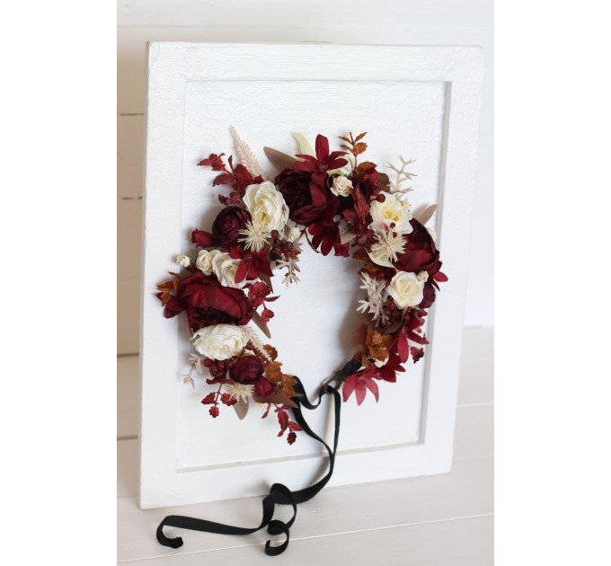 Burgundy brown cream flower crown. Hair wreath. Flower girl crown. Wedding flowers. 0041