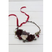 Burgundy ivory flower crown. Hair wreath. Flower girl crown. Wedding flowers. 0040