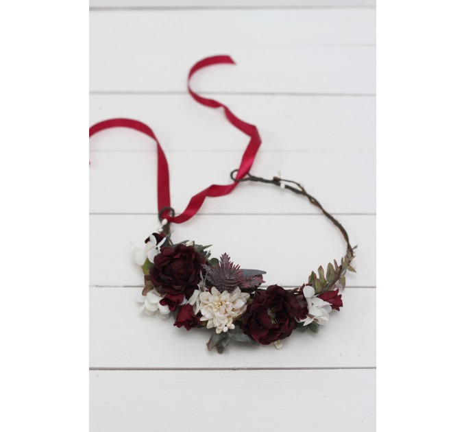 Burgundy ivory flower crown. Hair wreath. Flower girl crown. Wedding flowers. 0040