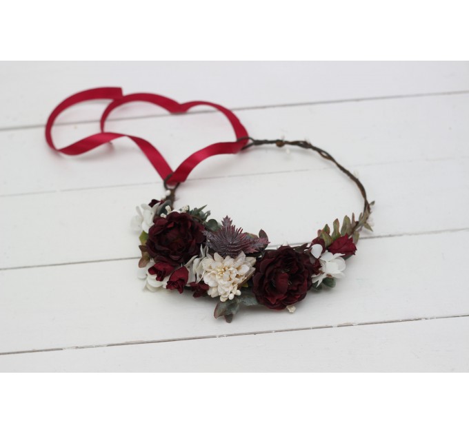 Burgundy ivory flower crown. Hair wreath. Flower girl crown. Wedding flowers. 0040