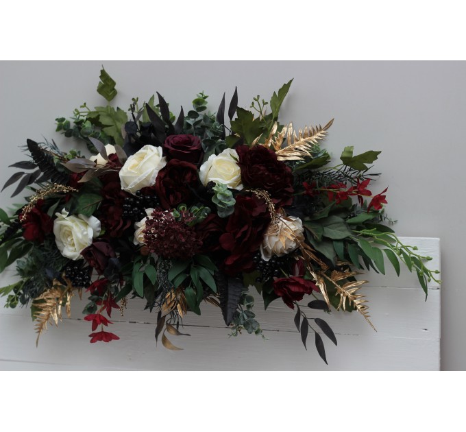  Flower arch arrangement in burgundy black gold ivory colors.  Arbor flowers. Floral archway. Faux flowers for wedding arch. 0032