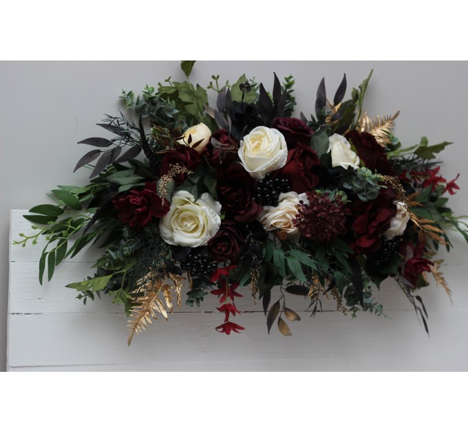  Flower arch arrangement in burgundy black gold ivory colors.  Arbor flowers. Floral archway. Faux flowers for wedding arch. 0032