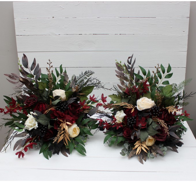  Flower arch arrangement in burgundy black gold ivory colors.  Arbor flowers. Floral archway. Faux flowers for wedding arch. 0032