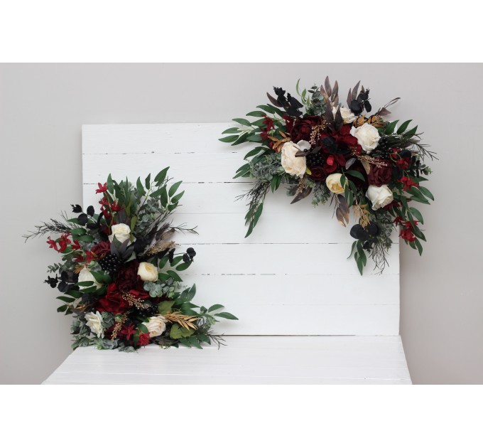  Flower arch arrangement in burgundy black gold ivory colors.  Arbor flowers. Floral archway. Faux flowers for wedding arch. 0032