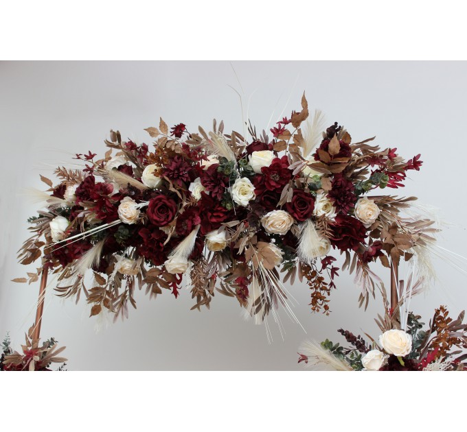  Flower arch arrangement in burgundy brown cream colors.  Arbor flowers. Floral archway. Faux flowers for wedding arch. 0041