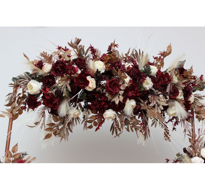  Flower arch arrangement in burgundy brown cream colors.  Arbor flowers. Floral archway. Faux flowers for wedding arch. 0041