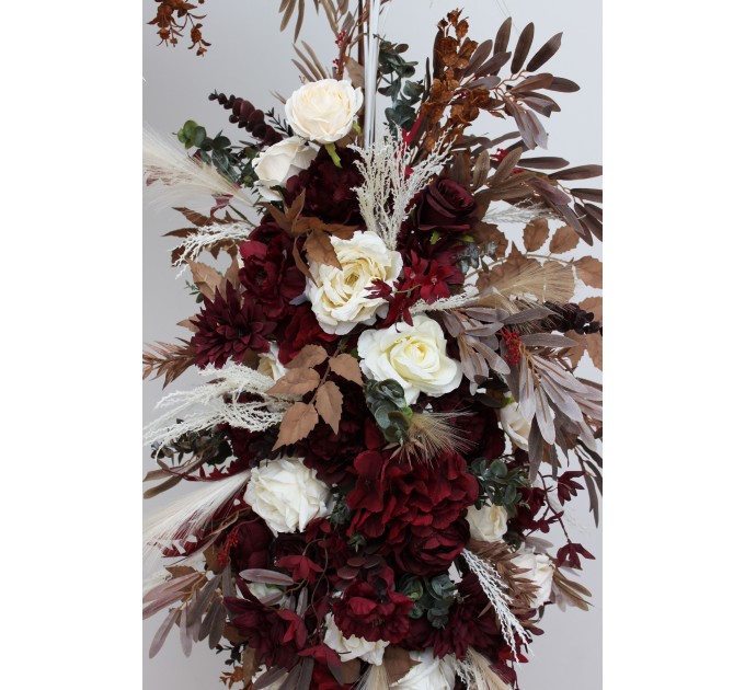  Flower arch arrangement in burgundy brown cream colors.  Arbor flowers. Floral archway. Faux flowers for wedding arch. 0041