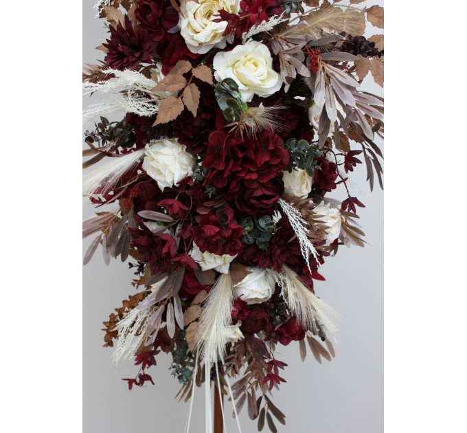  Flower arch arrangement in burgundy brown cream colors.  Arbor flowers. Floral archway. Faux flowers for wedding arch. 0041