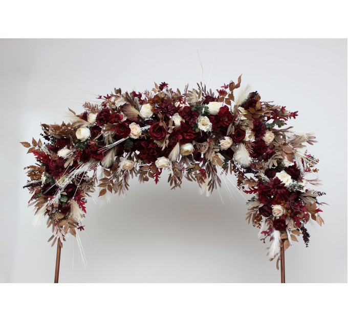  Flower arch arrangement in burgundy brown cream colors.  Arbor flowers. Floral archway. Faux flowers for wedding arch. 0041