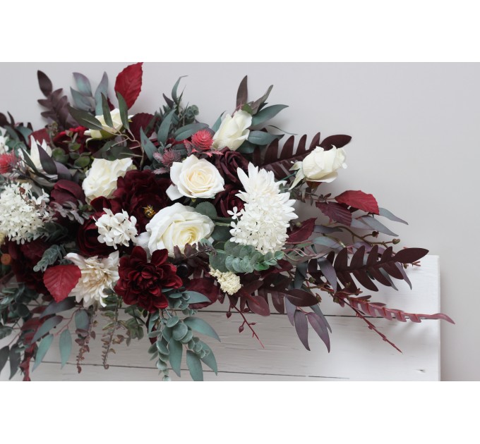  Flower arch arrangement in burgundy ivory colors.  Arbor flowers. Floral archway. Faux flowers for wedding arch. 0040