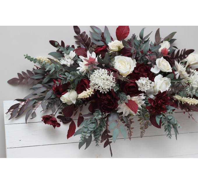  Flower arch arrangement in burgundy ivory colors.  Arbor flowers. Floral archway. Faux flowers for wedding arch. 0040