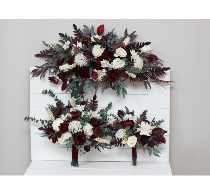  Flower arch arrangement in burgundy ivory colors.  Arbor flowers. Floral archway. Faux flowers for wedding arch. 0040