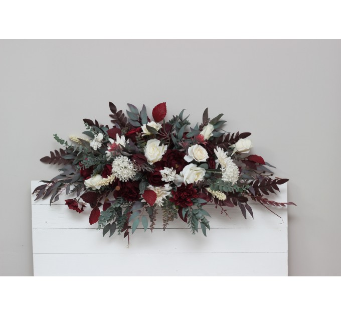  Flower arch arrangement in burgundy ivory colors.  Arbor flowers. Floral archway. Faux flowers for wedding arch. 0040