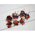 Set of 7 hair pins in orange burgundy navy blue color scheme. Hair accessories. Flower accessories for wedding. 0045
