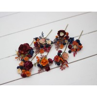 Set of 7 hair pins in orange burgundy navy blue color scheme. Hair accessories. Flower accessories for wedding.  0045