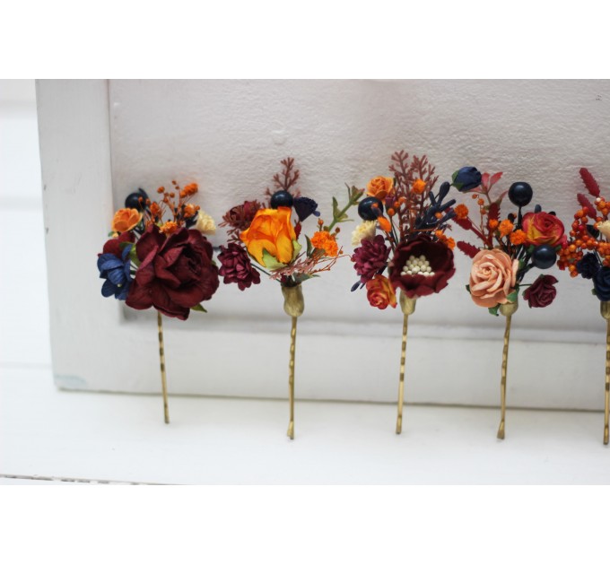Set of 7 hair pins in orange burgundy navy blue color scheme. Hair accessories. Flower accessories for wedding. 0045