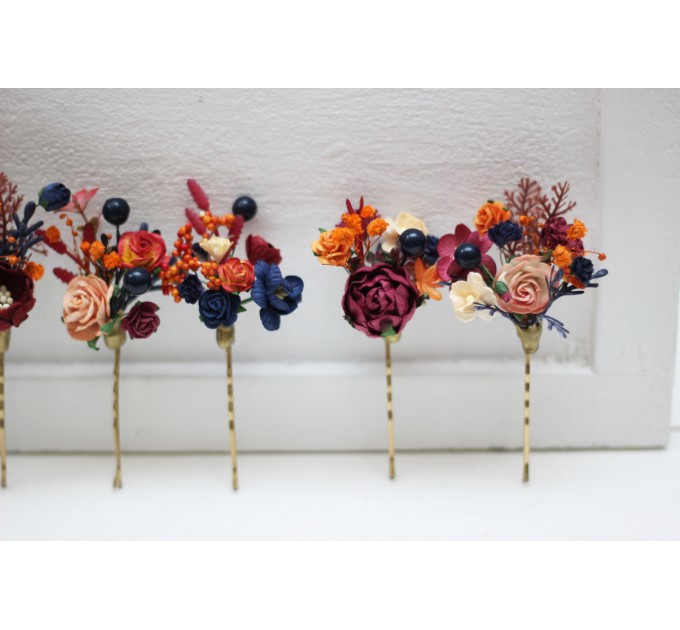  Set of 7 hair pins in orange burgundy navy blue color scheme. Hair accessories. Flower accessories for wedding.  0042