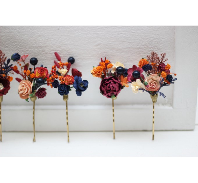 Set of 7 hair pins in orange burgundy navy blue color scheme. Hair accessories. Flower accessories for wedding. 0045