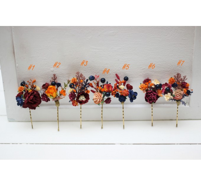 Set of 7 hair pins in orange burgundy navy blue color scheme. Hair accessories. Flower accessories for wedding. 0045