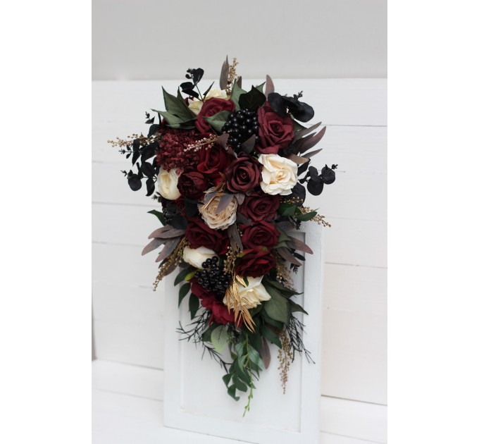 Wedding bouquets in burgundy black gold ivory  colors. Bridal bouquet. Cascading bouquet. Faux bouquet. Bridesmaid bouquet. 0032