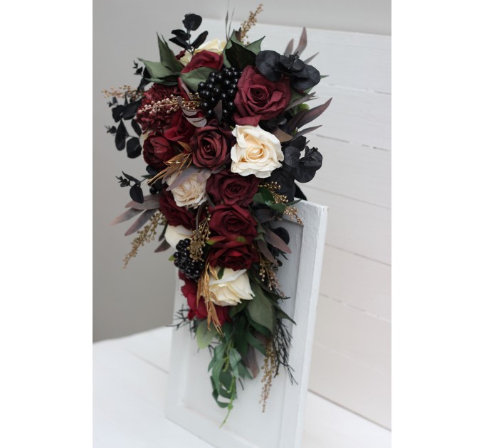 Wedding bouquets in burgundy black gold ivory  colors. Bridal bouquet. Cascading bouquet. Faux bouquet. Bridesmaid bouquet. 0032