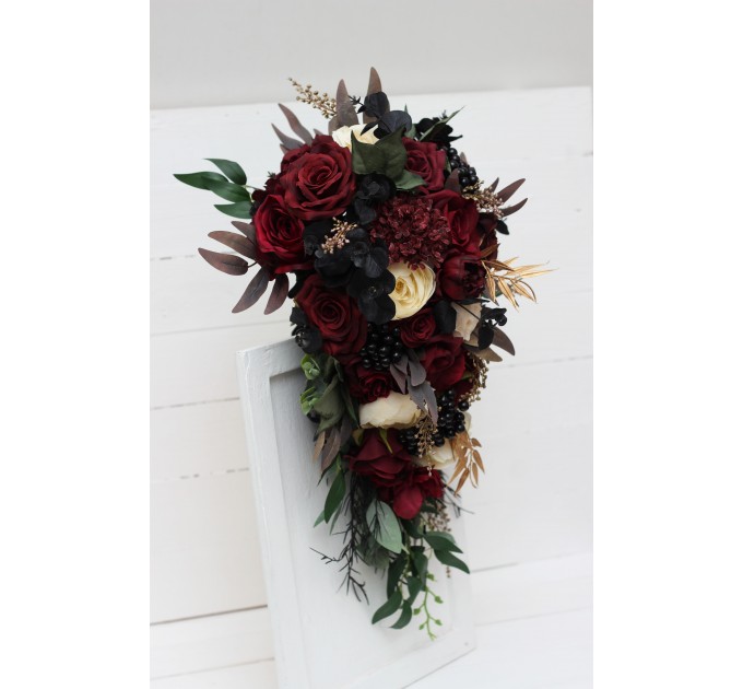 Wedding bouquets in burgundy black gold ivory  colors. Bridal bouquet. Cascading bouquet. Faux bouquet. Bridesmaid bouquet. 0032