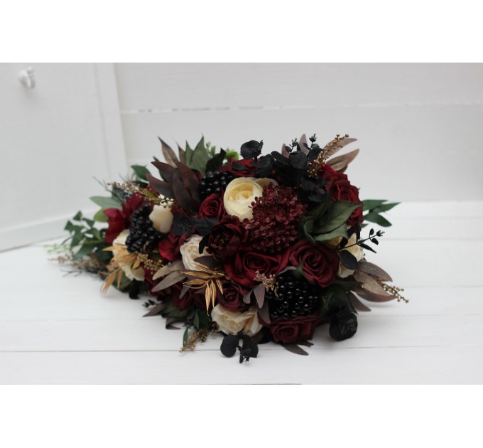 Wedding bouquets in burgundy black gold ivory  colors. Bridal bouquet. Cascading bouquet. Faux bouquet. Bridesmaid bouquet. 0032