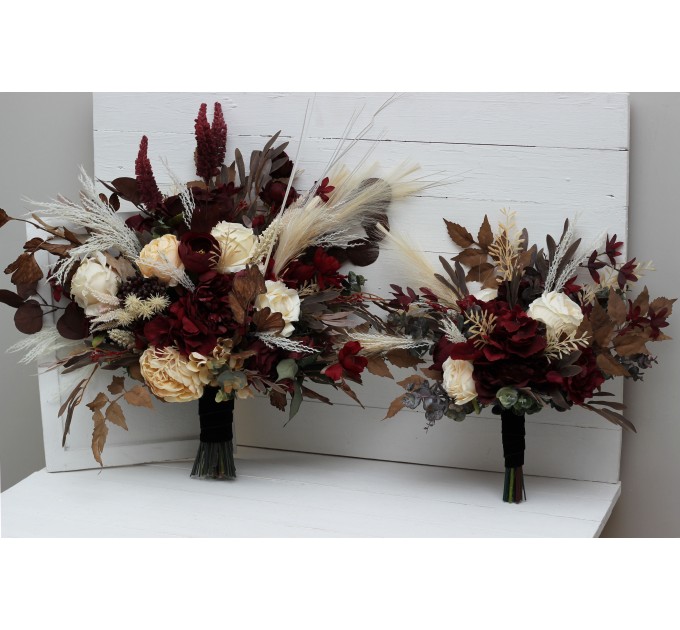 Wedding bouquets in burgundy brown cream colors. Bridal bouquet. Cascading bouquet. Faux bouquet. Bridesmaid bouquet. 0041