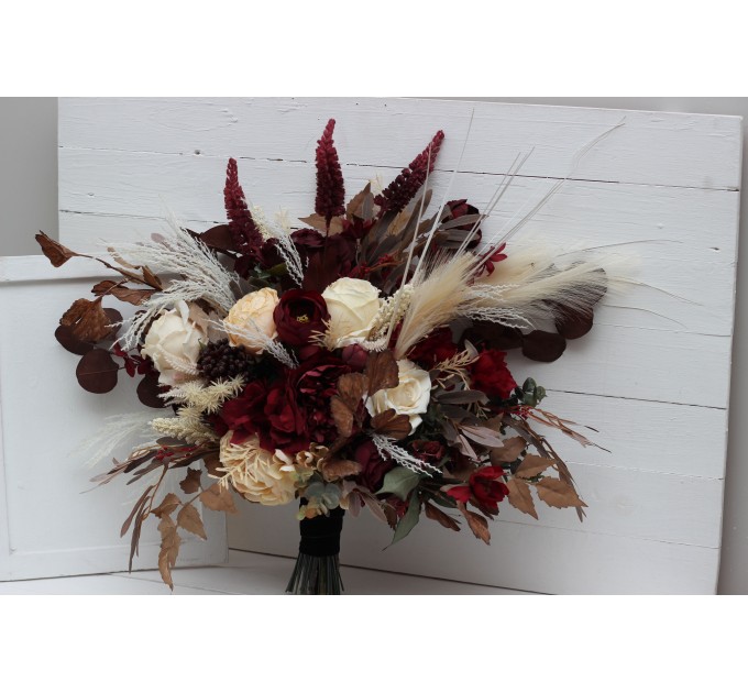 Wedding bouquets in burgundy brown cream colors. Bridal bouquet. Cascading bouquet. Faux bouquet. Bridesmaid bouquet. 0041