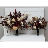 Wedding bouquets in burgundy brown cream colors. Bridal bouquet. Cascading bouquet. Faux bouquet. Bridesmaid bouquet. 0041