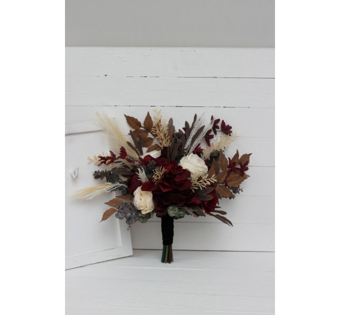 Wedding bouquets in burgundy brown cream colors. Bridal bouquet. Cascading bouquet. Faux bouquet. Bridesmaid bouquet. 0041